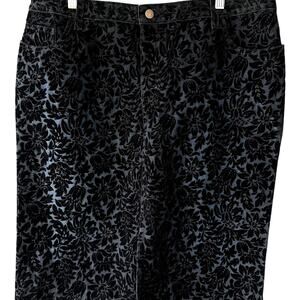 Venezia Black Denim Skirt Sz 16 w/ Velvet Flocked Dark Floral Pattern Whimsygoth